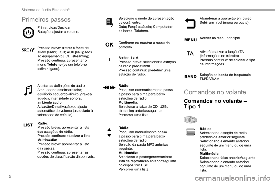 Peugeot Partner 2019  Manual do proprietário (in Portuguese) 2
Primeiros passos
Prima: Ligar/Desligar
Rotação: ajustar o volume.
Pressão breve: alterar a fonte de 
áudio (rádio; USB; AUX [se ligados 
ao equipamento]; CD; streaming).
Pressão contínua: apr