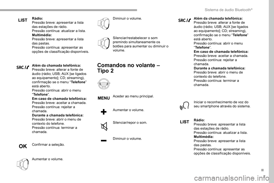 Peugeot Partner 2019  Manual do proprietário (in Portuguese) 3
Rádio:
Pressão breve: apresentar a lista 
das estações de rádio.
Pressão contínua: atualizar a lista.
Multimédia:
Pressão breve: apresentar a lista 
das pastas.
Pressão contínua: apresent