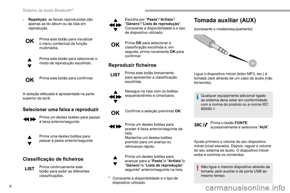 Peugeot Partner 2019  Manual do proprietário (in Portuguese) 8
- Repetição: as faixas reproduzidas são 
apenas as do álbum ou da lista em 
reprodução.
Prima este botão para visualizar 
o menu contextual da função 
multimédia.
Prima este botão para se