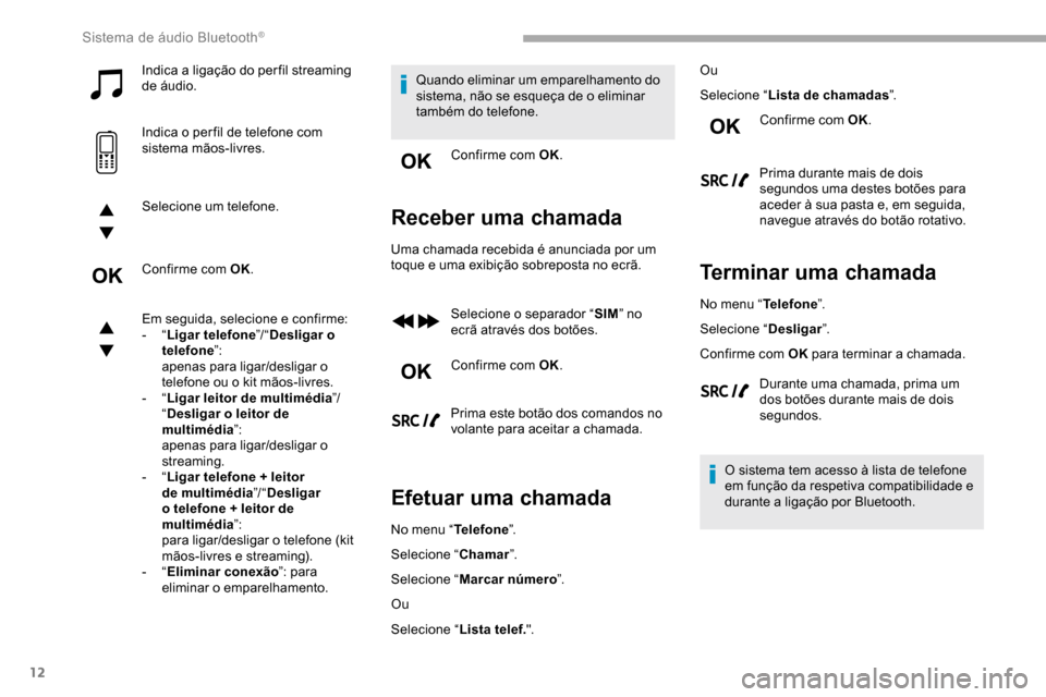 Peugeot Partner 2019 Manual do proprietário (in Portuguese) 12
Indica a ligação do per fil streaming
de áudio.
Indica o per fil de telefone com
sistema mãos-livres.
Selecione um telefone.
Confirme com OK.
Em seguida, selecione e confirme:
- “Ligar tel Peugeot Partner 2019 Manual do proprietário (in Portuguese) 12
Indica a ligação do per fil streaming
de áudio.
Indica o per fil de telefone com
sistema mãos-livres.
Selecione um telefone.
Confirme com OK.
Em seguida, selecione e confirme:
- “Ligar tel
