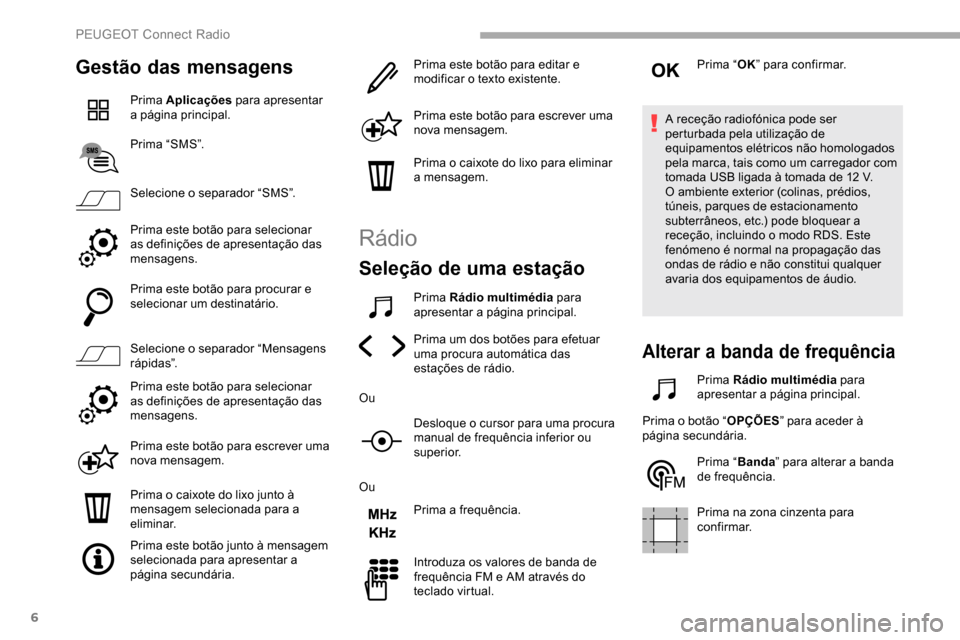 Peugeot Partner 2019  Manual do proprietário (in Portuguese) 6
Gestão das mensagens
Prima Aplicações para apresentar 
a página principal.
Prima “SMS”.
Selecione o separador “SMS”.
Prima este botão para selecionar 
as definições de apresentação 