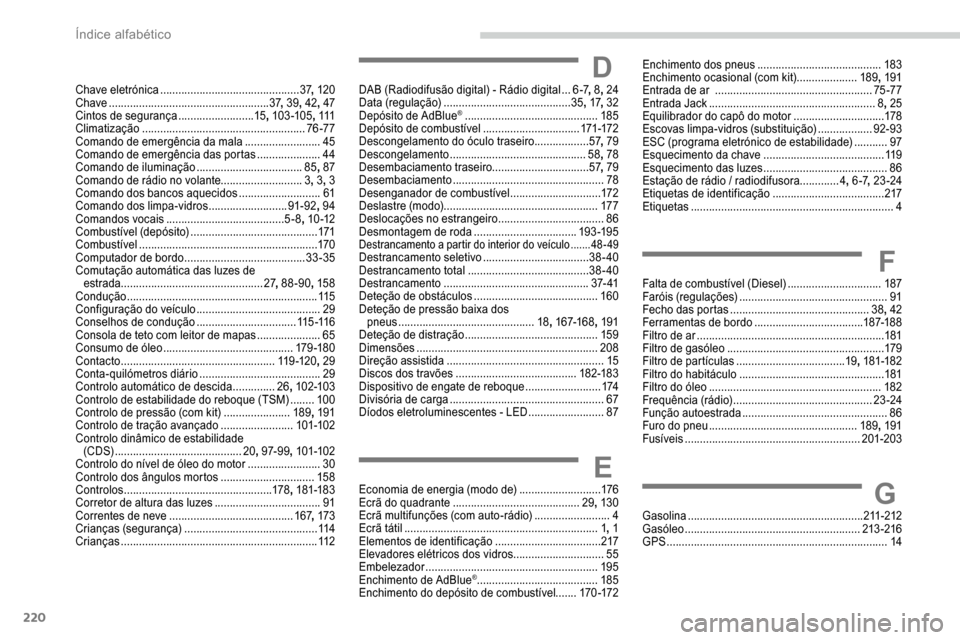 Peugeot Partner 2019 Manual do proprietário (in Portuguese) 220
Chave eletrónica .............................................. 37, 120
Chave ..................................................... 37, 39 , 42, 47
Cintos de segurança
........................ Peugeot Partner 2019 Manual do proprietário (in Portuguese) 220
Chave eletrónica .............................................. 37, 120
Chave ..................................................... 37, 39 , 42, 47
Cintos de segurança
........................
