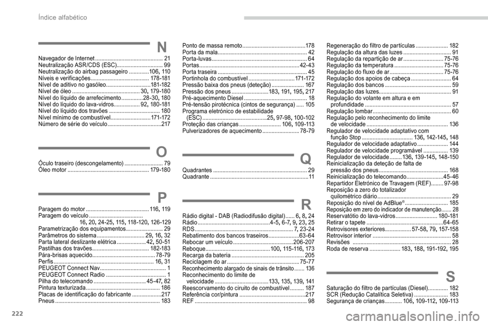 Peugeot Partner 2019 Manual do proprietário (in Portuguese) 222
NNavegador de Internet ............................................ 21
Neutralização ASR /CDS (ESC) ..............................99
Neutralização do airbag passageiro
.............10 6, Peugeot Partner 2019 Manual do proprietário (in Portuguese) 222
NNavegador de Internet ............................................ 21
Neutralização ASR /CDS (ESC) ..............................99
Neutralização do airbag passageiro
.............10 6,
