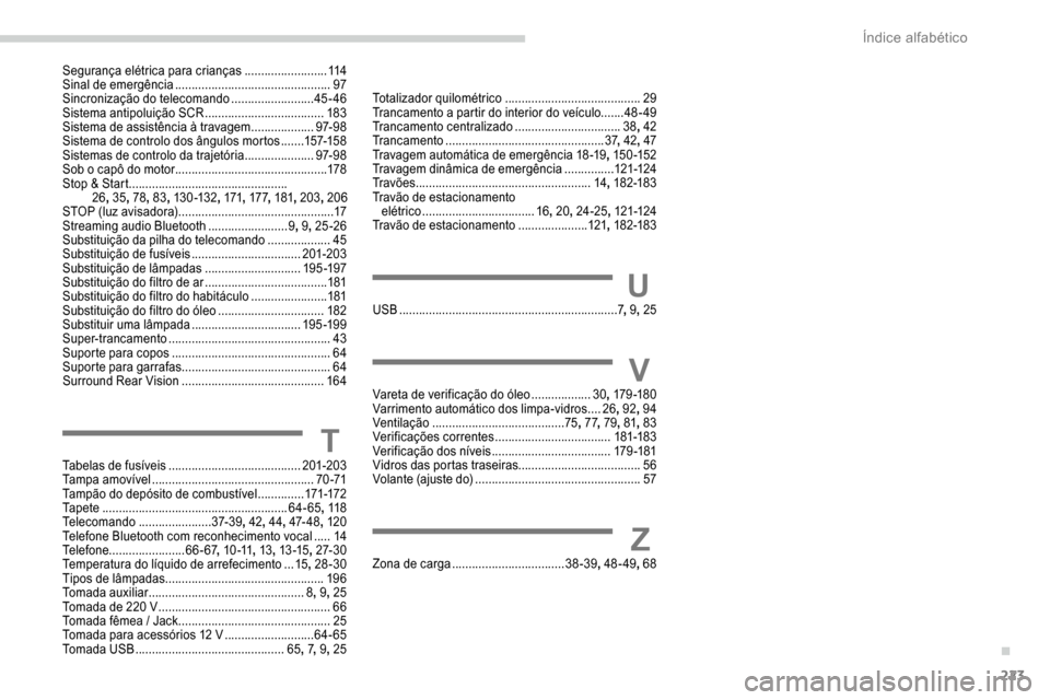 Peugeot Partner 2019 Manual do proprietário (in Portuguese) 223
Segurança elétrica para crianças .........................114
Sinal de emergência ............................................... 97
S
incronização do telecomando
......................... Peugeot Partner 2019 Manual do proprietário (in Portuguese) 223
Segurança elétrica para crianças .........................114
Sinal de emergência ............................................... 97
S
incronização do telecomando
.........................