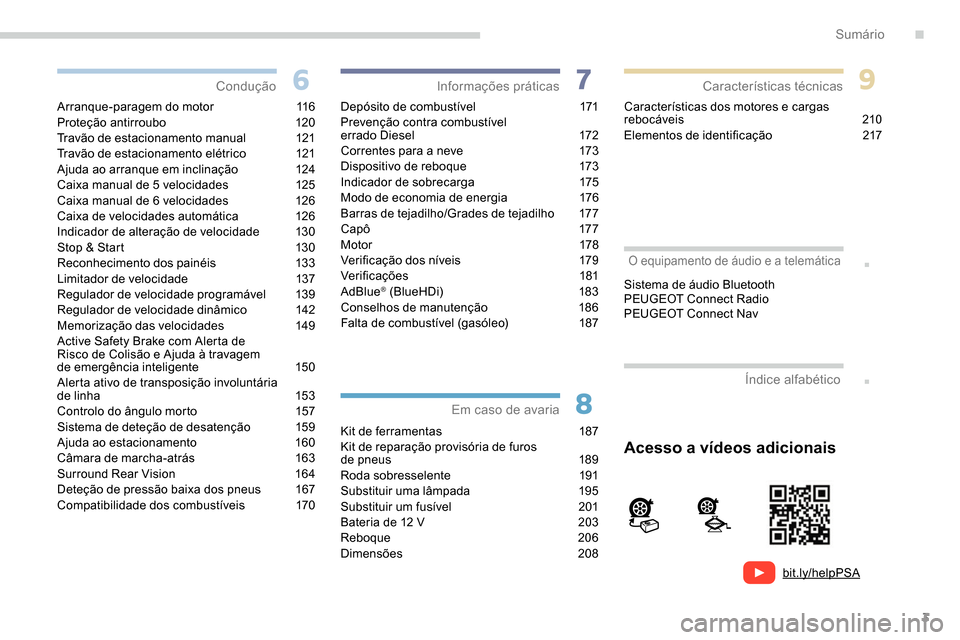 Peugeot Partner 2019  Manual do proprietário (in Portuguese) 3
bit.ly/helpPSA
.
.
Arranque-paragem do motor 116
Proteção antirroubo 1 20
Travão de estacionamento manual
 1

21
Travão de estacionamento elétrico
 
1
 21
Ajuda ao arranque em inclinação
 1

