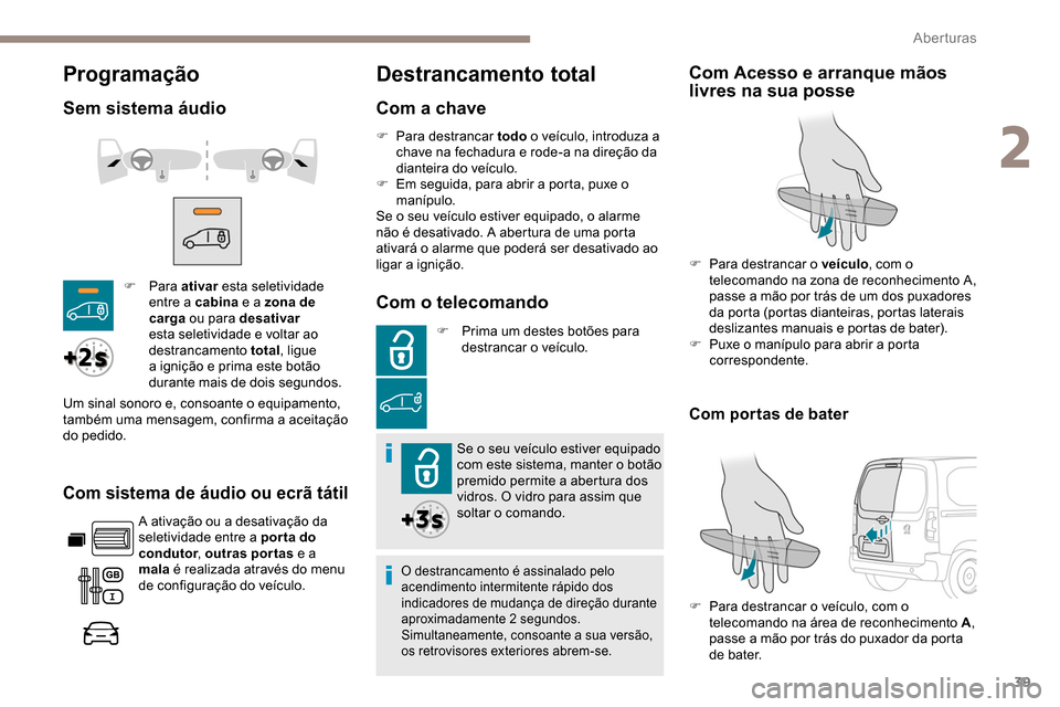 Peugeot Partner 2019 Manual do proprietário (in Portuguese) 39
Programação
Sem sistema áudio
Com sistema de áudio ou ecrã tátil
A ativação ou a desativação da
seletividade entre a por ta do
condutor, outras portas e a
mala é realizada através Peugeot Partner 2019 Manual do proprietário (in Portuguese) 39
Programação
Sem sistema áudio
Com sistema de áudio ou ecrã tátil
A ativação ou a desativação da
seletividade entre a por ta do
condutor, outras portas e a
mala é realizada através