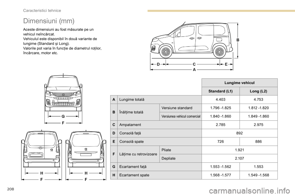Peugeot Partner 2019  Manualul de utilizare (in Romanian) 208
Dimensiuni (mm)
Aceste dimensiuni au fost măsurate pe un 
vehicul neîncărcat.
Vehiculul este disponibil în două variante de 
lungime (Standard și Long).
Valorile pot varia în funcție de di