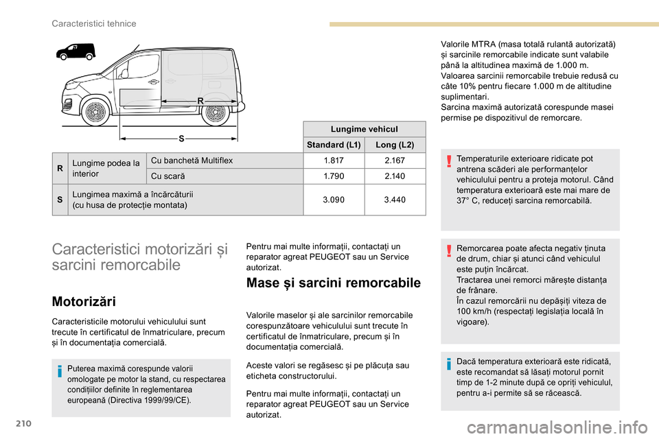 Peugeot Partner 2019  Manualul de utilizare (in Romanian) 210
Lungime vehicul
Standard (L1) Long (L2)
R Lungime podea la 
interior Cu banchetă Multiflex
1. 8172 .1 6 7
Cu scară 1.79 02 .14 0
S Lungimea maximă a încărcăturii
(cu husa de protecție monta