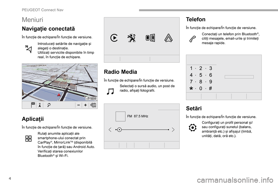 Peugeot Partner 2019 Manualul de utilizare (in Romanian) 4
FM 87.5 MHz
Radio Media
În funcție de echipare/În funcție de versiune.Selectați o sursă audio, un post de
radio, afișați fotografii.
Telefon
În funcție de echipare/În funcție de versiu Peugeot Partner 2019 Manualul de utilizare (in Romanian) 4
FM 87.5 MHz
Radio Media
În funcție de echipare/În funcție de versiune.Selectați o sursă audio, un post de
radio, afișați fotografii.
Telefon
În funcție de echipare/În funcție de versiu