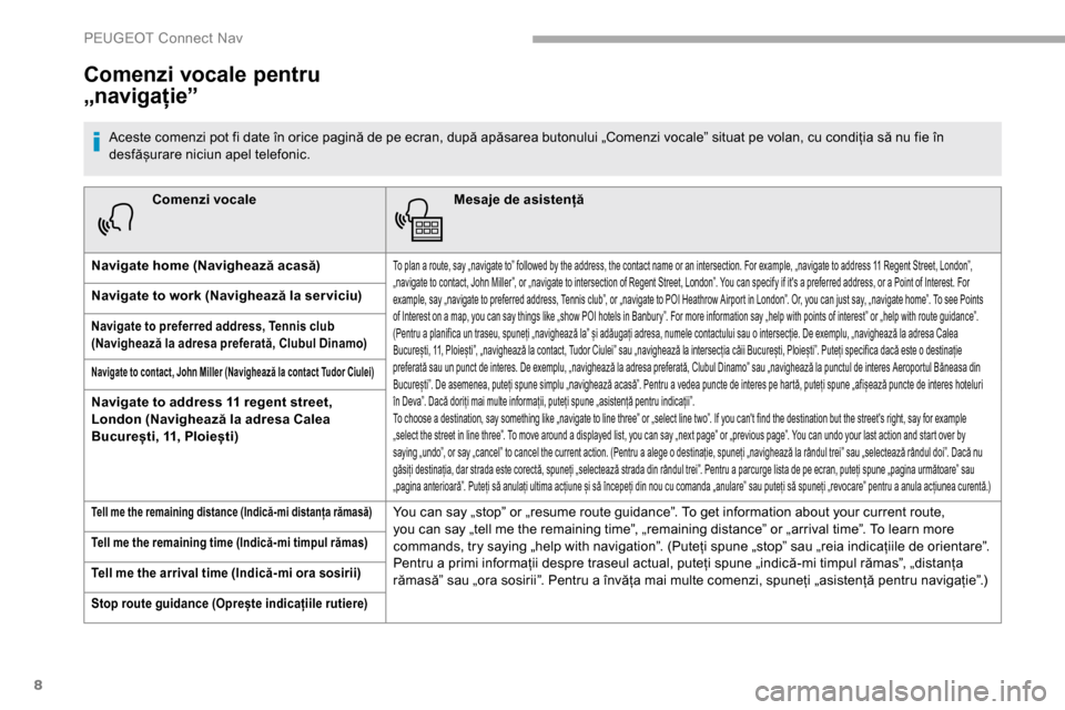 Peugeot Partner 2019 Manualul de utilizare (in Romanian) 8
Comenzi vocaleMesaje de asistență
Navigate home (Navighează acasă)
To plan a route, say „navigate to” followed by the address, the contact name or an intersection. For example, „navigate t Peugeot Partner 2019 Manualul de utilizare (in Romanian) 8
Comenzi vocaleMesaje de asistență
Navigate home (Navighează acasă)
To plan a route, say „navigate to” followed by the address, the contact name or an intersection. For example, „navigate t
