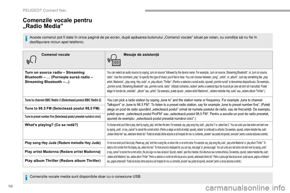 Peugeot Partner 2019 Manualul de utilizare (in Romanian) 10
Comenzi vocaleMesaje de asistență
Turn on source radio – Streaming
Bluetooth – … (Pornește sursă radio –
Streaming Bluetooth –...)
You can select an audio source by saying „turn o Peugeot Partner 2019 Manualul de utilizare (in Romanian) 10
Comenzi vocaleMesaje de asistență
Turn on source radio – Streaming
Bluetooth – … (Pornește sursă radio –
Streaming Bluetooth –...)
You can select an audio source by saying „turn o