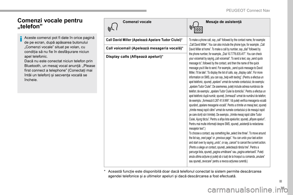 Peugeot Partner 2019  Manualul de utilizare (in Romanian) 11
Comenzi vocale pentru 
„telefon”
Aceste comenzi pot fi date în orice pagină 
de pe ecran, după apăsarea butonului 
„Comenzi vocale” situat pe volan, cu 
condiția să nu fie în desfă