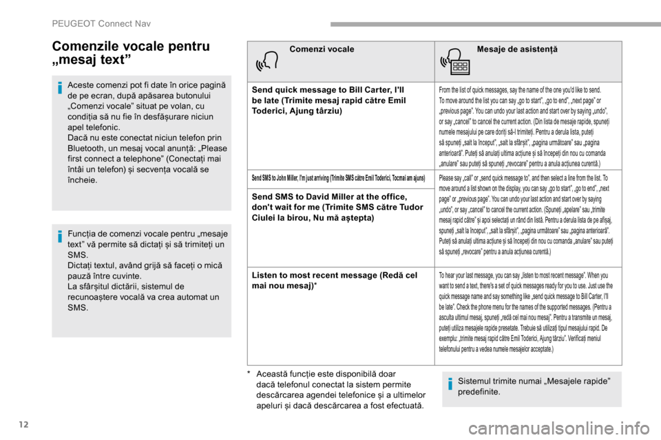 Peugeot Partner 2019  Manualul de utilizare (in Romanian) 12
Comenzile vocale pentru 
„mesaj text”
Aceste comenzi pot fi date în orice pagină 
de pe ecran, după apăsarea butonului 
„Comenzi vocale” situat pe volan, cu 
condiția să nu fie în de