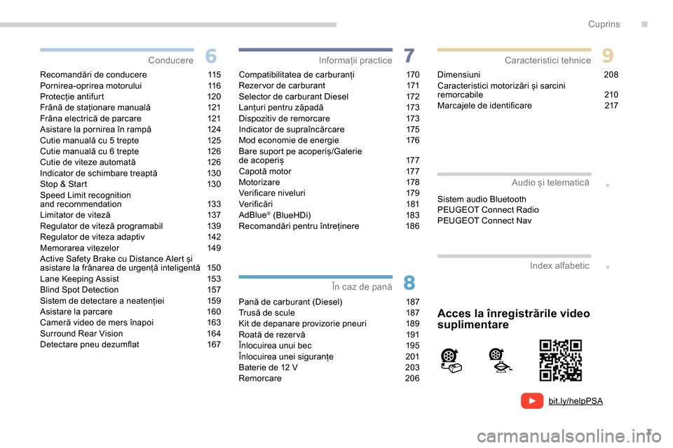 Peugeot Partner 2019  Manualul de utilizare (in Romanian) 3
bit.ly/helpPSA
.
.
Recomandări de conducere 115
Pornirea-oprirea motorului  1 16
Protecție antifurt
 1

20
Frână de staționare manuală
 
1
 21
Frâna electrică de parcare
 
1
 21
Asistare la 