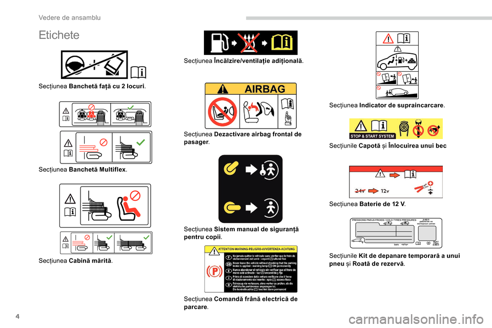 Peugeot Partner 2019  Manualul de utilizare (in Romanian) 4
Etichete
Secțiunea Banchetă față cu 2 locuri .
Secțiunea  Banchetă Multiflex .
Secțiunea  Cabină mărită . Secțiunea 
Încălzire/ventilație adițională .
Secțiunea  Dezactivare airbag 