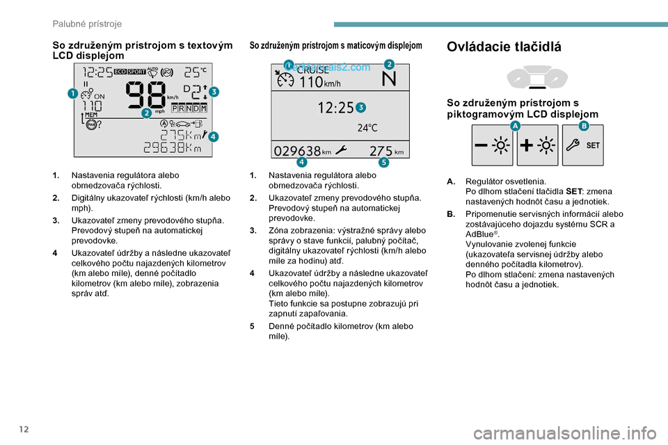 Peugeot Partner 2019 Užívateľská príručka (in Slovak) 12
So združeným prístrojom s textovým
LCD displejom
1.Nastavenia regulátora alebo
obmedzovača rýchlosti.
2. Digitálny ukazovateľ rýchlosti (km/h alebo
m p h).
3. Ukazovateľ zmeny prevodo Peugeot Partner 2019 Užívateľská príručka (in Slovak) 12
So združeným prístrojom s textovým
LCD displejom
1.Nastavenia regulátora alebo
obmedzovača rýchlosti.
2. Digitálny ukazovateľ rýchlosti (km/h alebo
m p h).
3. Ukazovateľ zmeny prevodo