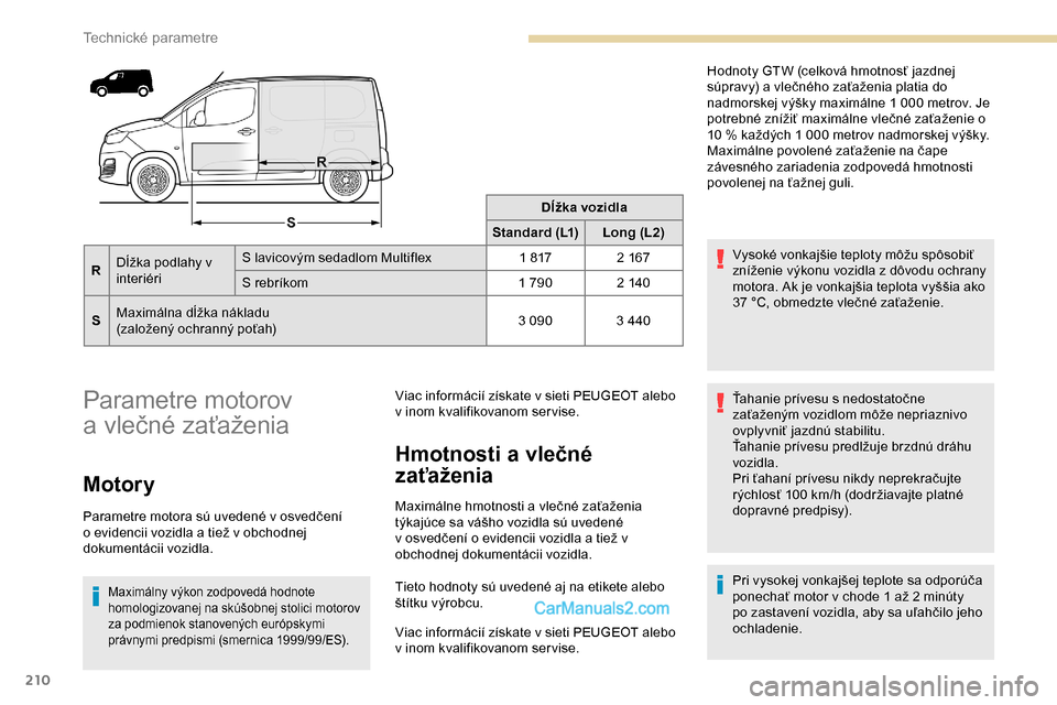 Peugeot Partner 2019  Užívateľská príručka (in Slovak) 210
Dĺžka vozidla
Standard (L1) Long (L2)
R Dĺžka podlahy v 
interiéri S lavicovým sedadlom Multiflex
1
 
817 2   167
S rebríkom 1
 
790 2   140
S Maximálna dĺžka nákladu
(založený ochran