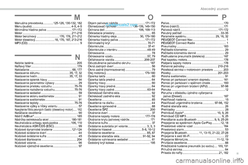 Peugeot Partner 2019  Užívateľská príručka (in Slovak) 221
MManuálna prevodovka.............125 -126, 13 0 -132 , 182
Menu (audio)  .................................. ................4-5, 4-5
Minimálna hladina paliva
 

................................1