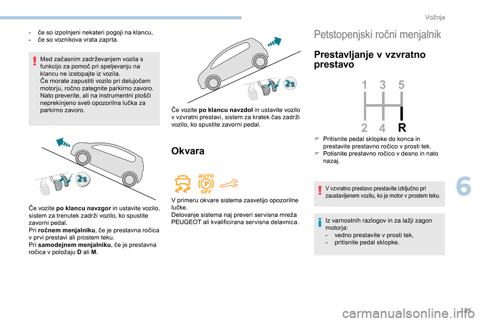 Peugeot Partner 2019 Priročnik za lastnika (in Slovenian) 125
Med začasnim zadrževanjem vozila s funkcijo za pomoč pri speljevanju na
k
lancu ne izstopajte iz vozila.
Če
morate zapustiti vozilo pri delujočem
m
otorju, ročno Peugeot Partner 2019 Priročnik za lastnika (in Slovenian) 125
Med začasnim zadrževanjem vozila s funkcijo za pomoč pri speljevanju na
k
lancu ne izstopajte iz vozila.
Če
morate zapustiti vozilo pri delujočem
m
otorju, ročno