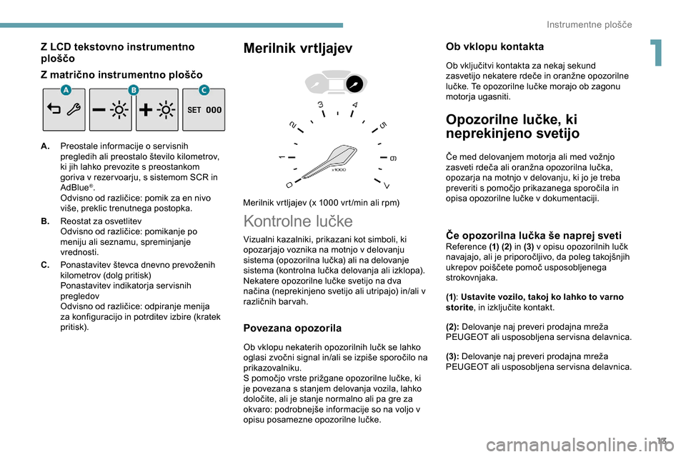 Peugeot Partner 2019 Priročnik za lastnika (in Slovenian) 13
Z LCD tekstovno instrumentno
ploščo
Z matrično instrumentno ploščo
A.Preostale informacije o servisnih
pregledih
ali preostalo število kilometrov,
k
i jih lahko prevozite s preos Peugeot Partner 2019 Priročnik za lastnika (in Slovenian) 13
Z LCD tekstovno instrumentno
ploščo
Z matrično instrumentno ploščo
A.Preostale informacije o servisnih
pregledih
ali preostalo število kilometrov,
k
i jih lahko prevozite s preos