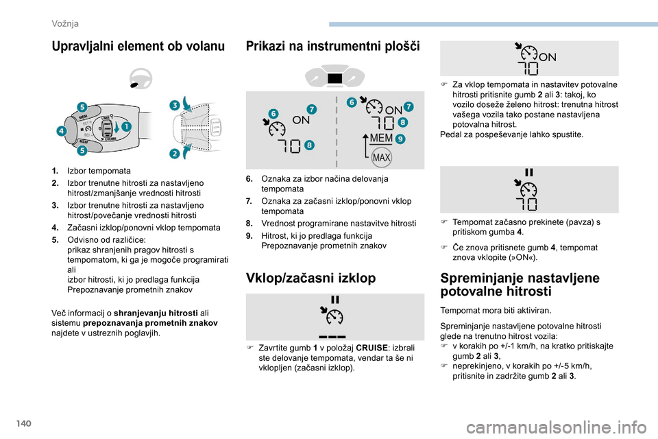 Peugeot Partner 2019 Priročnik za lastnika (in Slovenian) 140
Upravljalni element ob volanu
Več informacij o shranjevanju hitrosti a li
sistemu prepoznavanja prometnih znakov
najdete v ustreznih poglavjih. 1.
Izbor tempomata
2. Izbor trenutne hitrosti za Peugeot Partner 2019 Priročnik za lastnika (in Slovenian) 140
Upravljalni element ob volanu
Več informacij o shranjevanju hitrosti a li
sistemu prepoznavanja prometnih znakov
najdete v ustreznih poglavjih. 1.
Izbor tempomata
2. Izbor trenutne hitrosti za