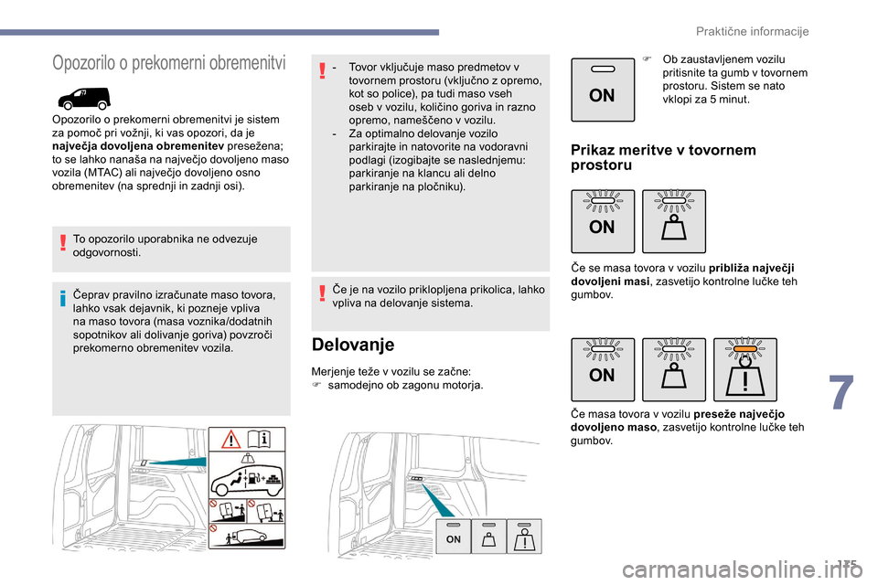Peugeot Partner 2019 Priročnik za lastnika (in Slovenian) 175
ON
ON
ON
Opozorilo o prekomerni obremenitvi
Opozorilo o prekomerni obremenitvi je sistem
za pomoč pri vožnji, ki vas opozori, da je
n
ajvečja dovoljena obremenitev
presež Peugeot Partner 2019 Priročnik za lastnika (in Slovenian) 175
ON
ON
ON
Opozorilo o prekomerni obremenitvi
Opozorilo o prekomerni obremenitvi je sistem
za pomoč pri vožnji, ki vas opozori, da je
n
ajvečja dovoljena obremenitev
presež