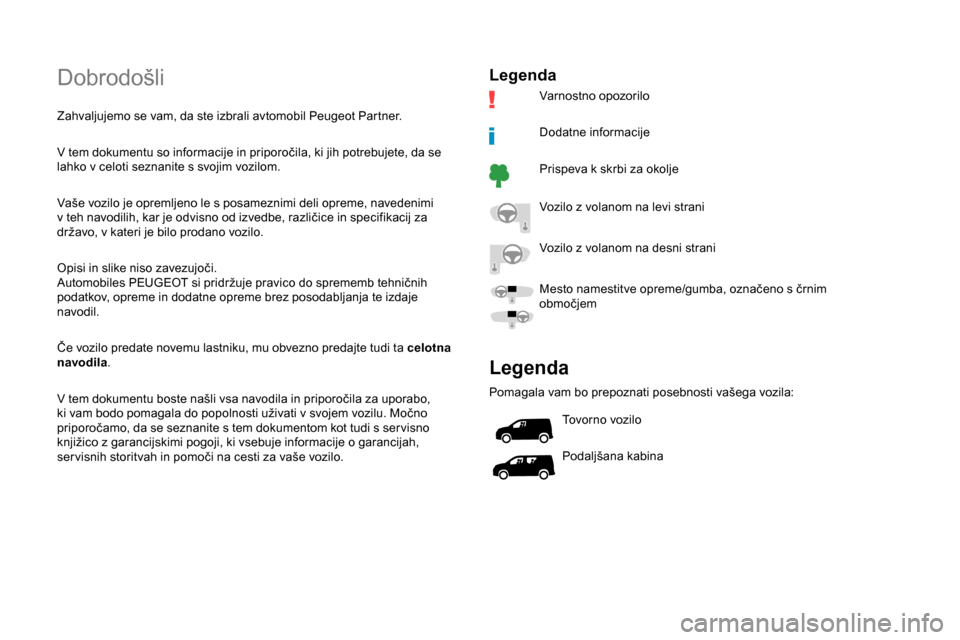 Peugeot Partner 2019  Priročnik za lastnika (in Slovenian) Dobrodošli
Zahvaljujemo se vam, da ste izbrali avtomobil Peugeot Partner.
V	 tem 	 dokumentu 	 so 	 informacije 	 in 	 priporočila, 	 ki 	 jih 	 potrebujete, 	 da 	 se 	
l

ahko v celoti seznanite s