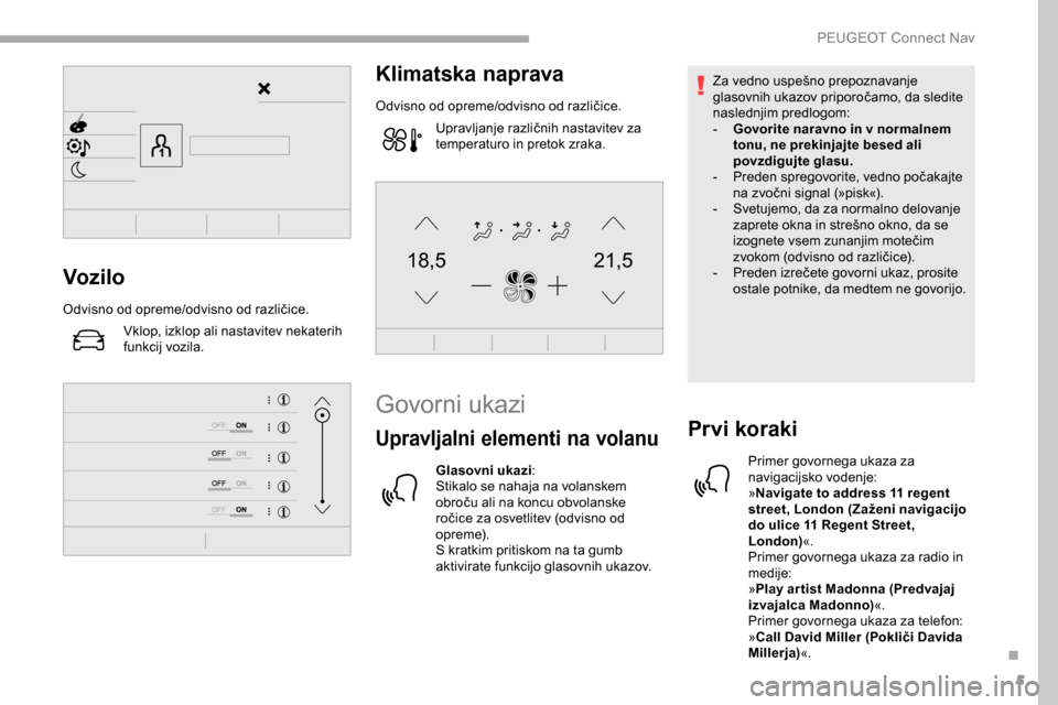 Peugeot Partner 2019  Priročnik za lastnika (in Slovenian) 5
21,518,5Vozilo
Odvisno	od	opreme/odvisno	o d	r azličice.
Vklop, izklop ali nastavitev nekaterih 
funkcij vozila.
Klimatska naprava
Odvisno	od	o preme/odvisno	o d	r azličice.
Upravljanje 	 različn