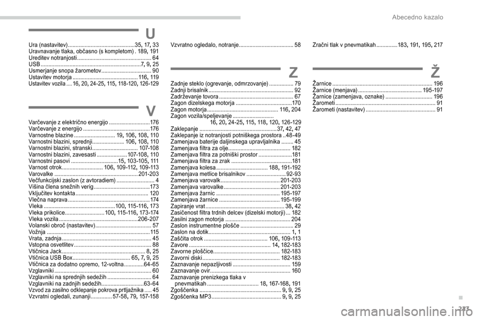 Peugeot Partner 2019 Priročnik za lastnika (in Slovenian) 223
UUra (nastavitev) ............................................35, 17, 33
Uravnavanje tlaka, občasno (s kompletom) .189 , 191
Ureditev notranjosti
................................... Peugeot Partner 2019 Priročnik za lastnika (in Slovenian) 223
UUra (nastavitev) ............................................35, 17, 33
Uravnavanje tlaka, občasno (s kompletom) .189 , 191
Ureditev notranjosti
...................................