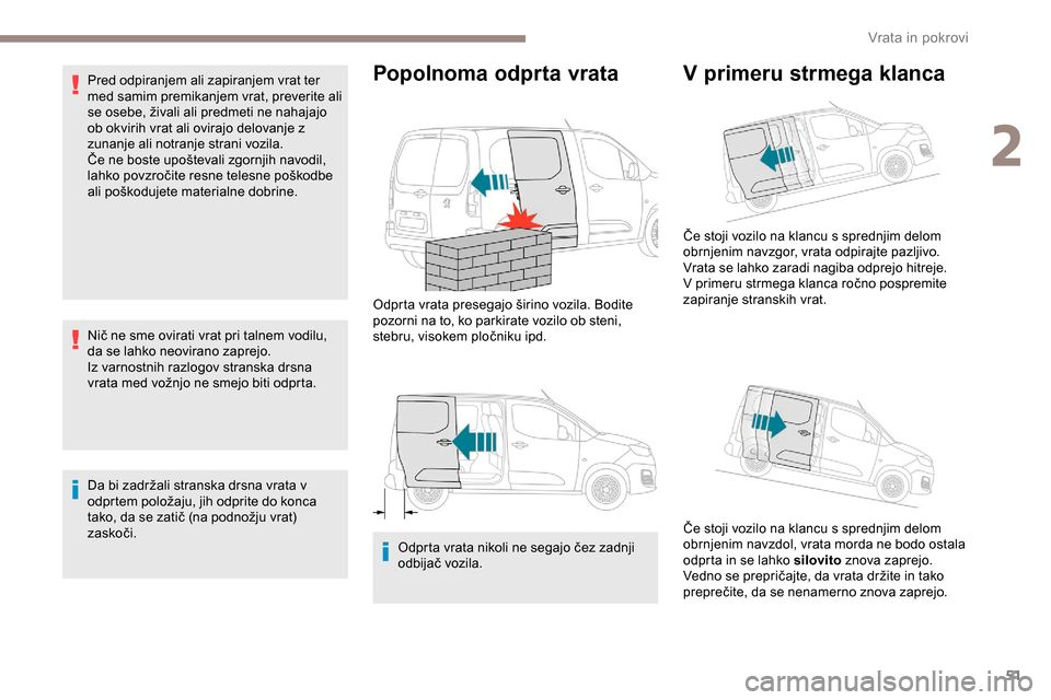 Peugeot Partner 2019 Priročnik za lastnika (in Slovenian) 51
Pred odpiranjem ali zapiranjem vrat ter
med samim premikanjem vrat, preverite ali
se osebe, živali ali predmeti ne nahajajo
o
b okvirih vrat ali ovirajo delovanje z
zunanje ali no Peugeot Partner 2019 Priročnik za lastnika (in Slovenian) 51
Pred odpiranjem ali zapiranjem vrat ter
med samim premikanjem vrat, preverite ali
se osebe, živali ali predmeti ne nahajajo
o
b okvirih vrat ali ovirajo delovanje z
zunanje ali no