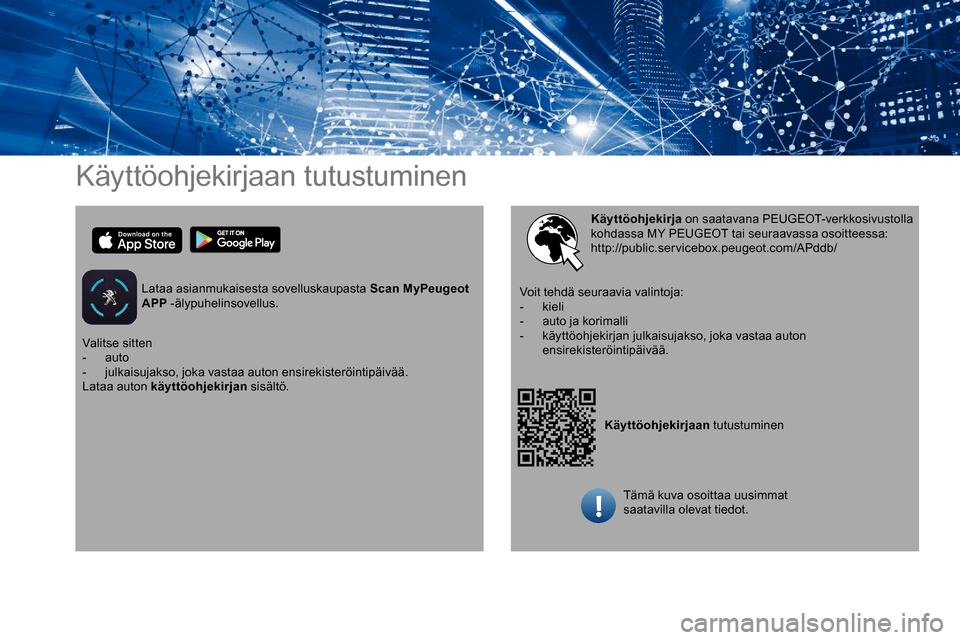Peugeot Partner 2019  Omistajan käsikirja (in Finnish) Käyttöohjekirjaan tutustuminen
Lataa asianmukaisesta sovelluskaupasta Scan MyPeugeot 
APP -älypuhelinsovellus.
Käyttöohjekirjaan tutustuminen
Käyttöohjekirja
 on saatavana PEUGEOT-verkkosivusto