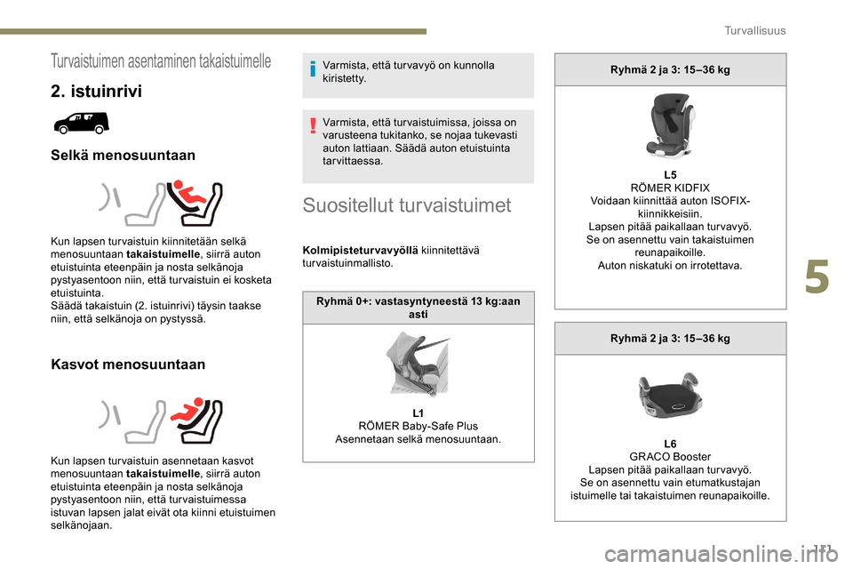 Peugeot Partner 2019 Omistajan käsikirja (in Finnish) 111
Turvaistuimen asentaminen takaistuimelle
2. istuinrivi
Selkä menosuuntaan
Kasvot menosuuntaan
Varmista, että tur vavyö on kunnolla
kiristetty.
Varmista, että tur vaistuimissa, joissa on
varu Peugeot Partner 2019 Omistajan käsikirja (in Finnish) 111
Turvaistuimen asentaminen takaistuimelle
2. istuinrivi
Selkä menosuuntaan
Kasvot menosuuntaan
Varmista, että tur vavyö on kunnolla
kiristetty.
Varmista, että tur vaistuimissa, joissa on
varu