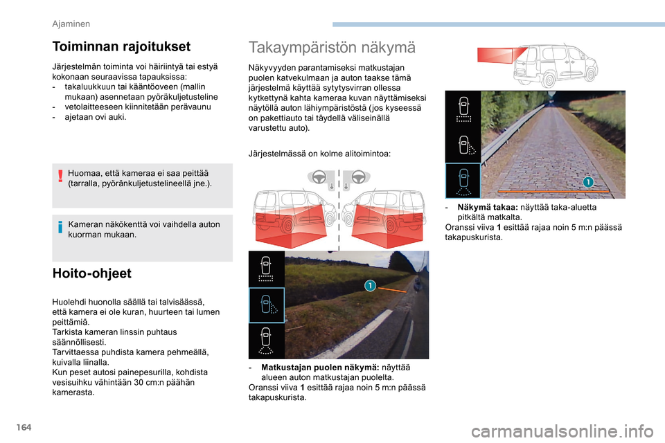 Peugeot Partner 2019 Omistajan käsikirja (in Finnish) 164
Hoito-ohjeet
Huolehdi huonolla säällä tai talvisäässä,
että kamera ei ole kuran, huurteen tai lumen
peittämiä.
Tarkista kameran linssin puhtaus
säännöllisesti.
Tarvittaessa puhdista Peugeot Partner 2019 Omistajan käsikirja (in Finnish) 164
Hoito-ohjeet
Huolehdi huonolla säällä tai talvisäässä,
että kamera ei ole kuran, huurteen tai lumen
peittämiä.
Tarkista kameran linssin puhtaus
säännöllisesti.
Tarvittaessa puhdista