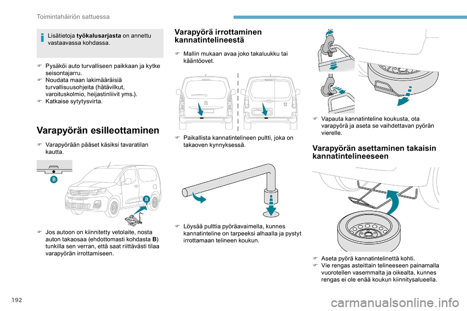 Peugeot Partner 2019 Omistajan käsikirja (in Finnish) 192
Varapyörän esilleottaminen
F Varapyörään pääset käsiksi tavaratilan kautta.
F
J
os autoon on kiinnitetty vetolaite, nosta
auton takaosaa (ehdottomasti kohdasta B )
tunkilla sen verran Peugeot Partner 2019 Omistajan käsikirja (in Finnish) 192
Varapyörän esilleottaminen
F Varapyörään pääset käsiksi tavaratilan kautta.
F
J
os autoon on kiinnitetty vetolaite, nosta
auton takaosaa (ehdottomasti kohdasta B )
tunkilla sen verran