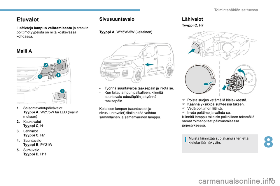 Peugeot Partner 2019 Omistajan käsikirja (in Finnish) 197
Etuvalot
Lisätietoja lampun vaihtamisesta ja etenkin
polttimotyypeistä on niitä koskevassa
kohdassa.
Malli A Sivusuuntavalo
Ty y p p i A
, W Y5W-5W (keltainen)
-
T
yönnä suuntavaloa taa Peugeot Partner 2019 Omistajan käsikirja (in Finnish) 197
Etuvalot
Lisätietoja lampun vaihtamisesta ja etenkin
polttimotyypeistä on niitä koskevassa
kohdassa.
Malli A Sivusuuntavalo
Ty y p p i A
, W Y5W-5W (keltainen)
-
T
yönnä suuntavaloa taa