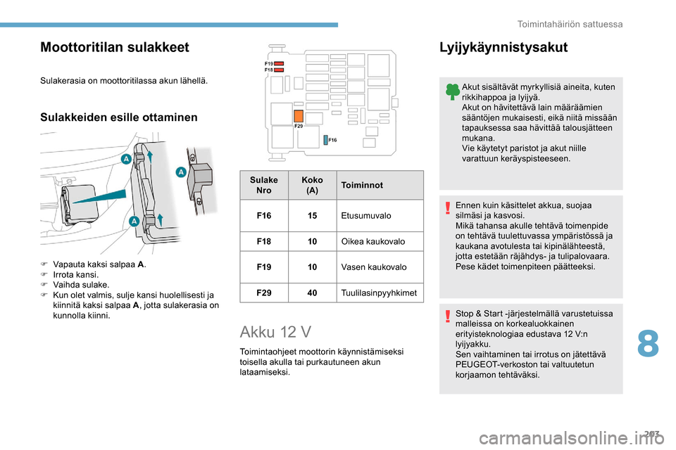 Peugeot Partner 2019 Omistajan käsikirja (in Finnish) 203
Moottoritilan sulakkeet
Sulakerasia on moottoritilassa akun lähellä.
Sulakkeiden esille ottaminen
F Vapauta kaksi salpaa A.
F I rrota kansi.
F
V
aihda sulake.
F
K
un olet valmis, sulje ka Peugeot Partner 2019 Omistajan käsikirja (in Finnish) 203
Moottoritilan sulakkeet
Sulakerasia on moottoritilassa akun lähellä.
Sulakkeiden esille ottaminen
F Vapauta kaksi salpaa A.
F I rrota kansi.
F
V
aihda sulake.
F
K
un olet valmis, sulje ka