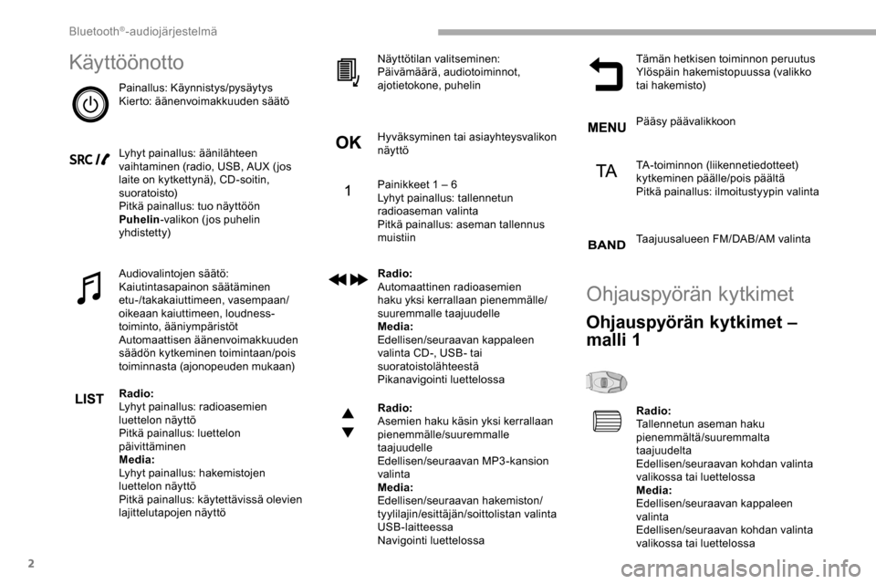 Peugeot Partner 2019 Omistajan käsikirja (in Finnish) 2
Käyttöönotto
Painallus: Käynnistys/pysäytys
Kierto: äänenvoimakkuuden säätö
Lyhyt painallus: äänilähteen
vaihtaminen (radio, USB, AUX ( jos
laite on kytkettynä), CD-soitin,
suoratoi Peugeot Partner 2019 Omistajan käsikirja (in Finnish) 2
Käyttöönotto
Painallus: Käynnistys/pysäytys
Kierto: äänenvoimakkuuden säätö
Lyhyt painallus: äänilähteen
vaihtaminen (radio, USB, AUX ( jos
laite on kytkettynä), CD-soitin,
suoratoi