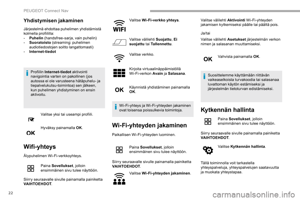 Peugeot Partner 2019 Omistajan käsikirja (in Finnish) 22
Yhdistymisen jakaminen
Järjestelmä ehdottaa puhelimen yhdistämistä
kolmella profiililla:
-
P
uhelin (handsfree-sarja, vain puhelin)
-
S
uoratoisto (streaming: puhelimen
audiotiedostoje Peugeot Partner 2019 Omistajan käsikirja (in Finnish) 22
Yhdistymisen jakaminen
Järjestelmä ehdottaa puhelimen yhdistämistä
kolmella profiililla:
-
P
uhelin (handsfree-sarja, vain puhelin)
-
S
uoratoisto (streaming: puhelimen
audiotiedostoje