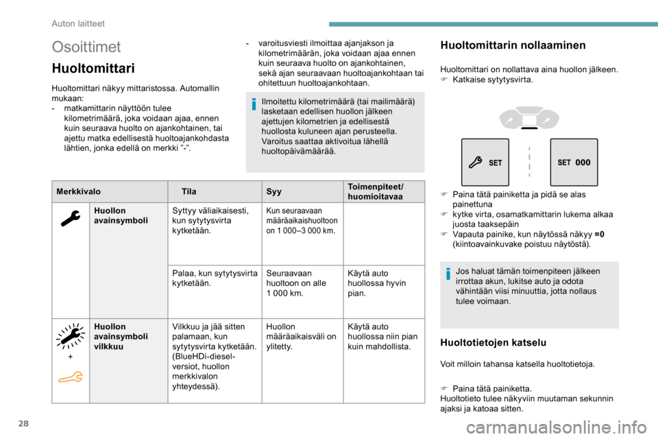 Peugeot Partner 2019 Omistajan käsikirja (in Finnish) 28
Osoittimet
Huoltomittari
Huoltomittari näkyy mittaristossa. Automallin
mukaan:
-
m
atkamittarin näyttöön tulee
kilometrimäärä, joka voidaan ajaa, ennen
kuin seuraava huolto on ajankohtai Peugeot Partner 2019 Omistajan käsikirja (in Finnish) 28
Osoittimet
Huoltomittari
Huoltomittari näkyy mittaristossa. Automallin
mukaan:
-
m
atkamittarin näyttöön tulee
kilometrimäärä, joka voidaan ajaa, ennen
kuin seuraava huolto on ajankohtai