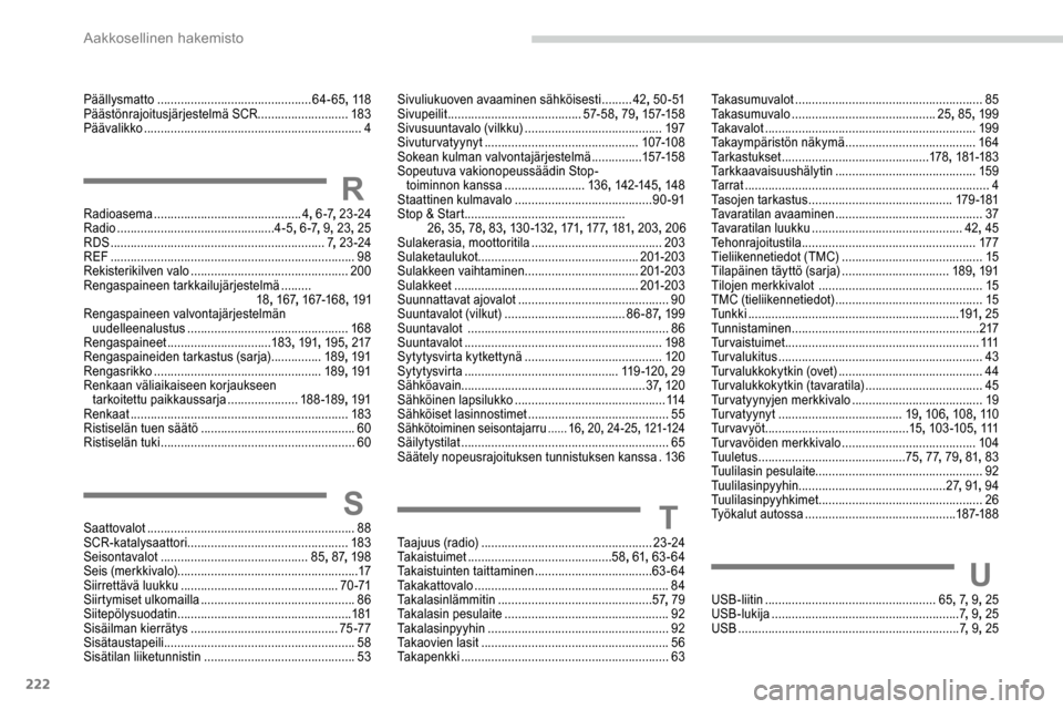 Peugeot Partner 2019  Omistajan käsikirja (in Finnish) 222
Päällysmatto .............................................. 64-65, 11 8
Päästönrajoitusjärjestelmä SCR ...........................183
Päävalikko
 

.......................................
