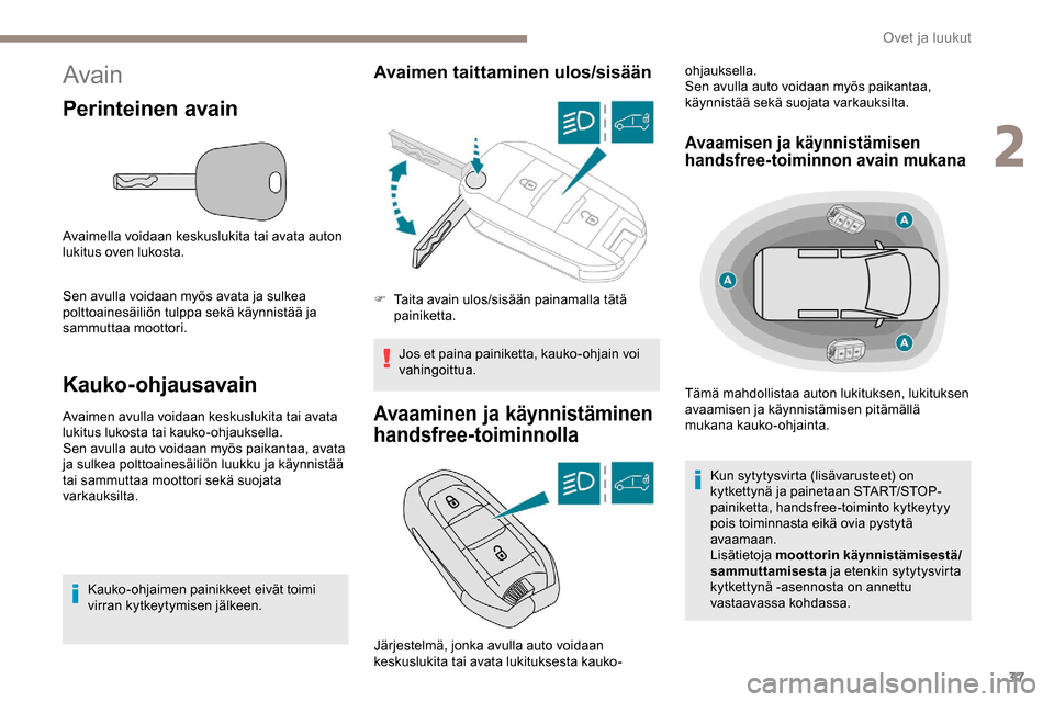 Peugeot Partner 2019  Omistajan käsikirja (in Finnish) 37
Avain
Perinteinen avain
Avaimella voidaan keskuslukita tai avata auton 
lukitus oven lukosta.
Sen avulla voidaan myös avata ja sulkea 
polttoainesäiliön tulppa sekä käynnistää ja 
sammuttaa 