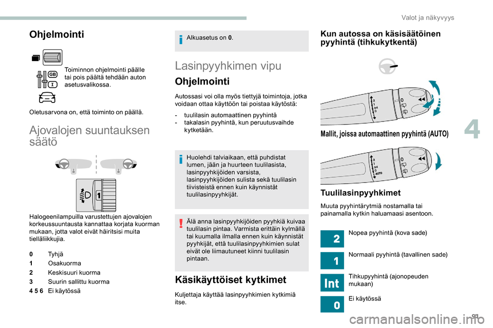 Peugeot Partner 2019 Omistajan käsikirja (in Finnish) 91
Ohjelmointi
Toiminnon ohjelmointi päälle
tai pois päältä tehdään auton
asetusvalikossa.
Oletusarvona on, että toiminto on päällä.
Ajovalojen suuntauksen
säätö
Halogeenilampuilla va Peugeot Partner 2019 Omistajan käsikirja (in Finnish) 91
Ohjelmointi
Toiminnon ohjelmointi päälle
tai pois päältä tehdään auton
asetusvalikossa.
Oletusarvona on, että toiminto on päällä.
Ajovalojen suuntauksen
säätö
Halogeenilampuilla va