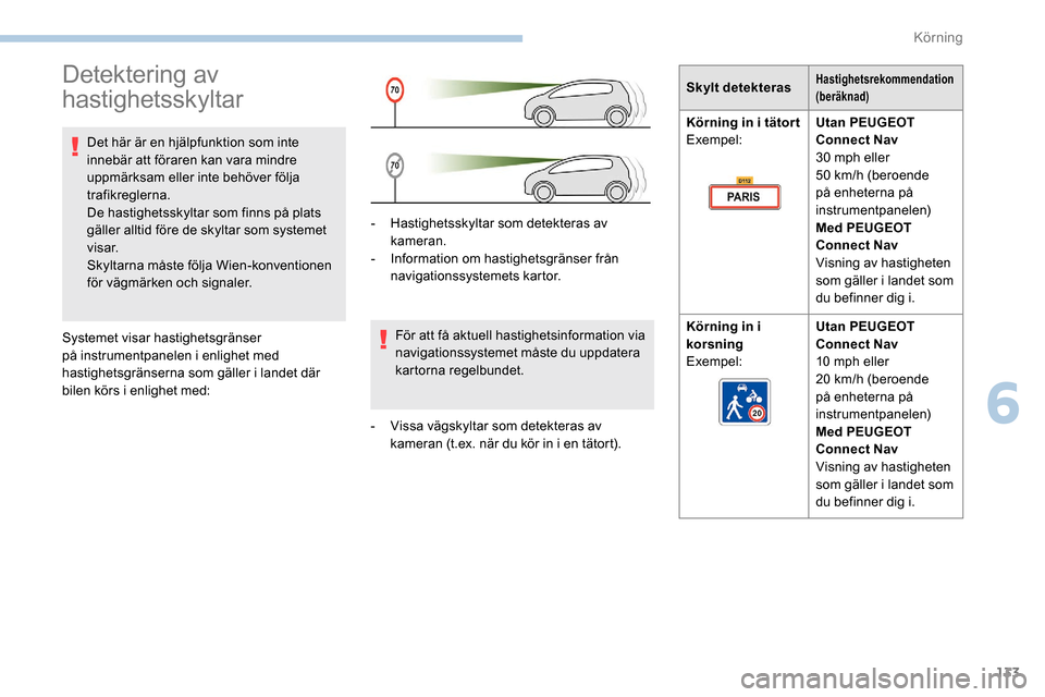 Peugeot Partner 2019 Ägarmanual (in Swedish) 133
Detektering av
hastighetsskyltar
Det här är en hjälpfunktion som inte
innebär att föraren kan vara mindre
uppmärksam eller inte behöver följa
trafikreglerna.
De hastighetsskyltar som f Peugeot Partner 2019 Ägarmanual (in Swedish) 133
Detektering av
hastighetsskyltar
Det här är en hjälpfunktion som inte
innebär att föraren kan vara mindre
uppmärksam eller inte behöver följa
trafikreglerna.
De hastighetsskyltar som f