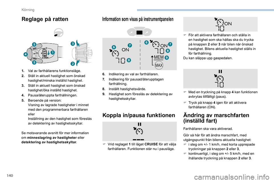 Peugeot Partner 2019 Ägarmanual (in Swedish) 140
Reglage på ratten
Se motsvarande avsnitt för mer information
om minneslagring av hastigheter eller
detektering av hastighetsskyltar .
1.
Val av farthållarens funktionsläge.
2. Ställ in aktu Peugeot Partner 2019 Ägarmanual (in Swedish) 140
Reglage på ratten
Se motsvarande avsnitt för mer information
om minneslagring av hastigheter eller
detektering av hastighetsskyltar .
1.
Val av farthållarens funktionsläge.
2. Ställ in aktu
