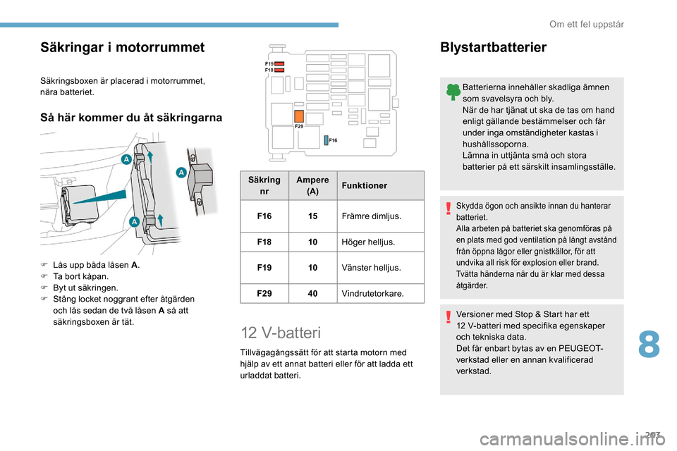 Peugeot Partner 2019  Ägarmanual (in Swedish) 203
Säkringar i motorrummet
Säkringsboxen är placerad i motorrummet, 
nära batteriet.
Så här kommer du åt säkringarna
F Lås upp båda låsen A.
F  T a bort kåpan.
F
 
B
 yt ut säkringen.
F
