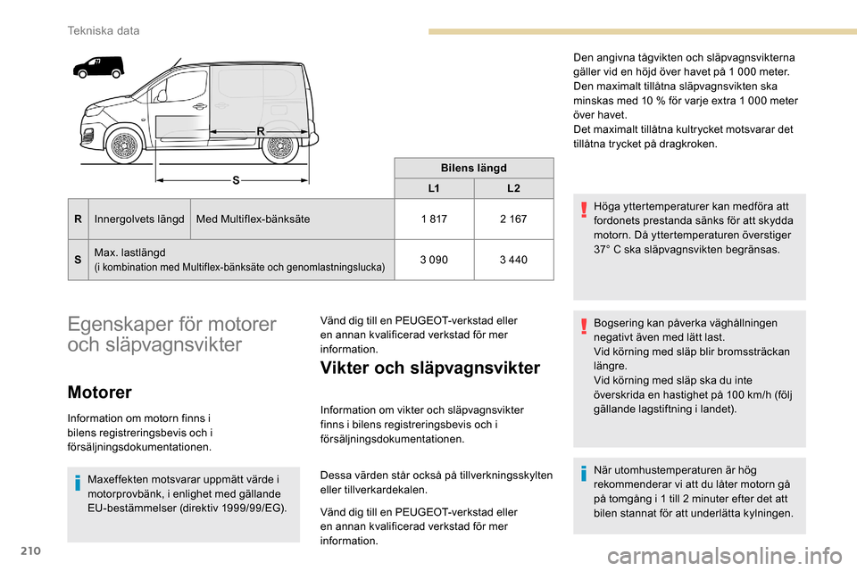 Peugeot Partner 2019 Ägarmanual (in Swedish) 210
Bilens längd
L1 L2
R Innergolvets längd Med Multiflex-bänksäte 1
817 2
167
S Max. lastlängd
(i kombination med Multiflex-bänksäte och genomlastningslucka)3 090 3
440
Egenskaper för Peugeot Partner 2019 Ägarmanual (in Swedish) 210
Bilens längd
L1 L2
R Innergolvets längd Med Multiflex-bänksäte 1
817 2
167
S Max. lastlängd
(i kombination med Multiflex-bänksäte och genomlastningslucka)3 090 3
440
Egenskaper för