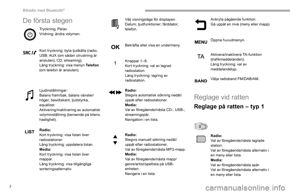Peugeot Partner 2019 Ägarmanual (in Swedish) 2
De första stegen
Tryckning: På/av.
Vridning: ändra volymen.
Kort tryckning: byta ljudkälla (radio;
USB; AUX (om sådan utrustning är
ansluten); CD; streaming).
Lång tryckning: visa menyn Tel Peugeot Partner 2019 Ägarmanual (in Swedish) 2
De första stegen
Tryckning: På/av.
Vridning: ändra volymen.
Kort tryckning: byta ljudkälla (radio;
USB; AUX (om sådan utrustning är
ansluten); CD; streaming).
Lång tryckning: visa menyn Tel