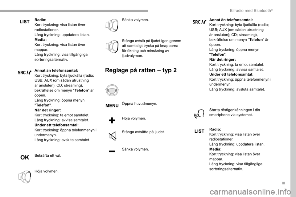 Peugeot Partner 2019 Ägarmanual (in Swedish) 3
Radio:
Kort tryckning: visa listan över
radiostationer.
Lång tryckning: uppdatera listan.
Media:
Kort tryckning: visa listan över
mappar.
Lång tryckning: visa tillgängliga
sorteringsalternat Peugeot Partner 2019 Ägarmanual (in Swedish) 3
Radio:
Kort tryckning: visa listan över
radiostationer.
Lång tryckning: uppdatera listan.
Media:
Kort tryckning: visa listan över
mappar.
Lång tryckning: visa tillgängliga
sorteringsalternat