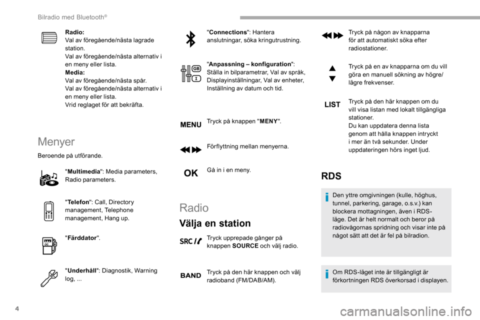 Peugeot Partner 2019 Ägarmanual (in Swedish) 4
Radio:
Val av föregående/nästa lagrade
station.
Val av föregående/nästa alternativ i
en meny eller lista.
Media:
Val av föregående/nästa spår.
Val av föregående/nästa alternativ i
en Peugeot Partner 2019 Ägarmanual (in Swedish) 4
Radio:
Val av föregående/nästa lagrade
station.
Val av föregående/nästa alternativ i
en meny eller lista.
Media:
Val av föregående/nästa spår.
Val av föregående/nästa alternativ i
en