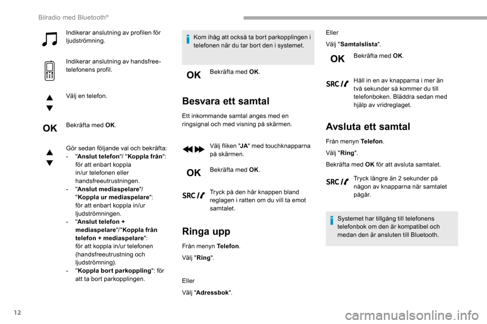 Peugeot Partner 2019  Ägarmanual (in Swedish) 12
Indikerar anslutning av profilen för 
ljudströmning.
Indikerar anslutning av handsfree-
telefonens profil.
Välj en telefon.
Bekräfta med OK.
Gör sedan följande val och bekräfta:
-  "Anslut t